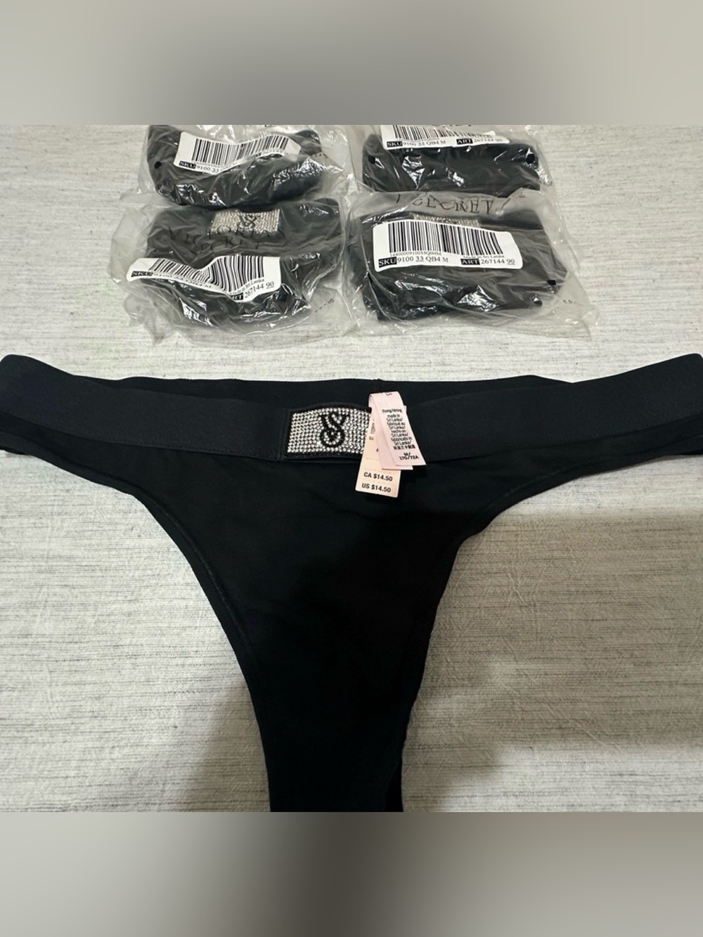 5 Victoria's Secret Black Rhinestone Logo Thong with Bling Tag